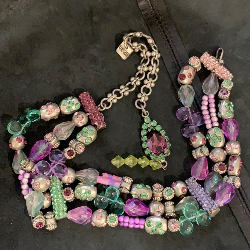 Multicolor Beaded Statement Necklace with Pink & Green Accents